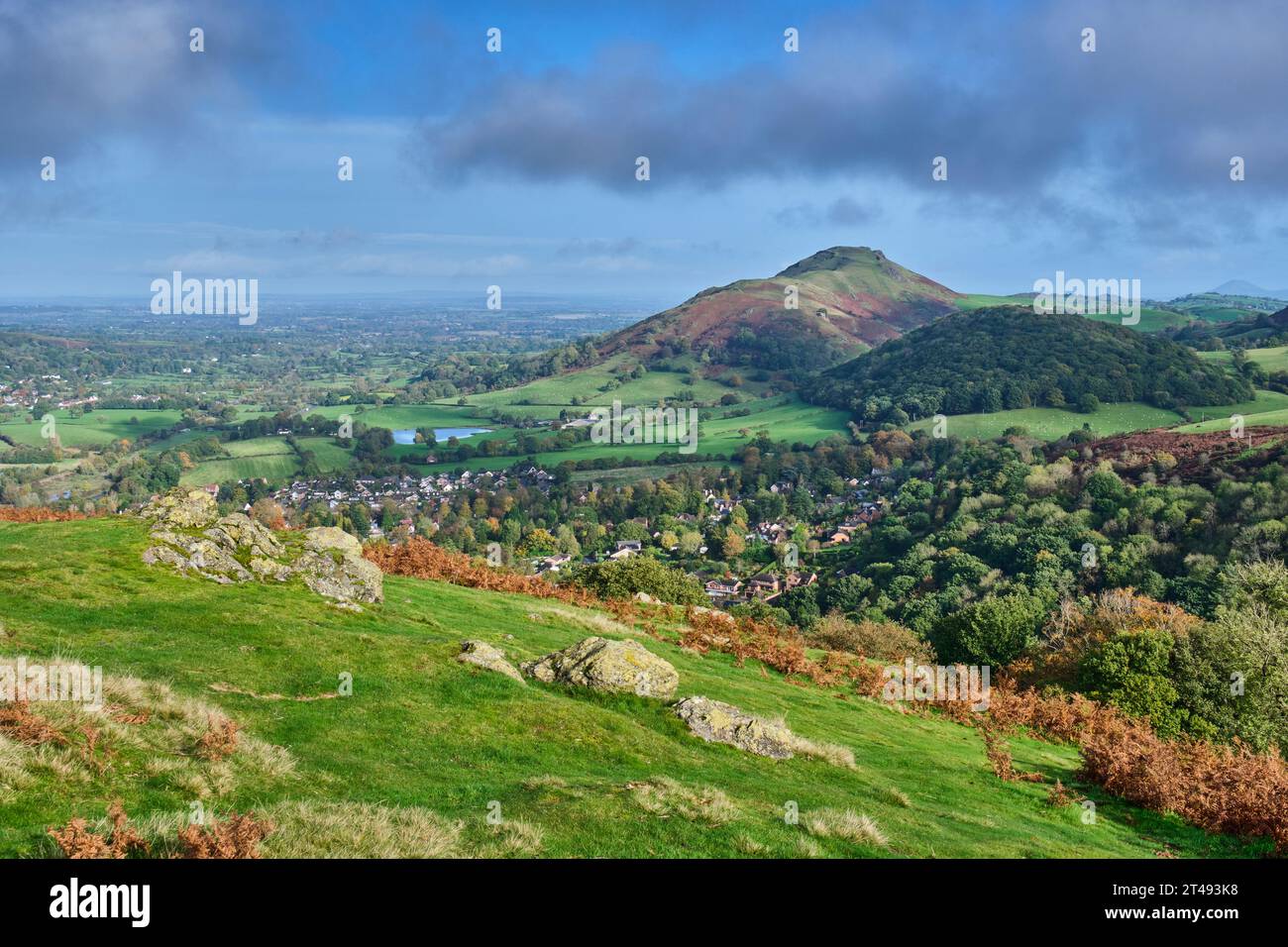 Caer Caradoc, Helmeth Hill and The Wrekin seen from Ragleth Hill, Church Stretton, Shropshire Stock Photo