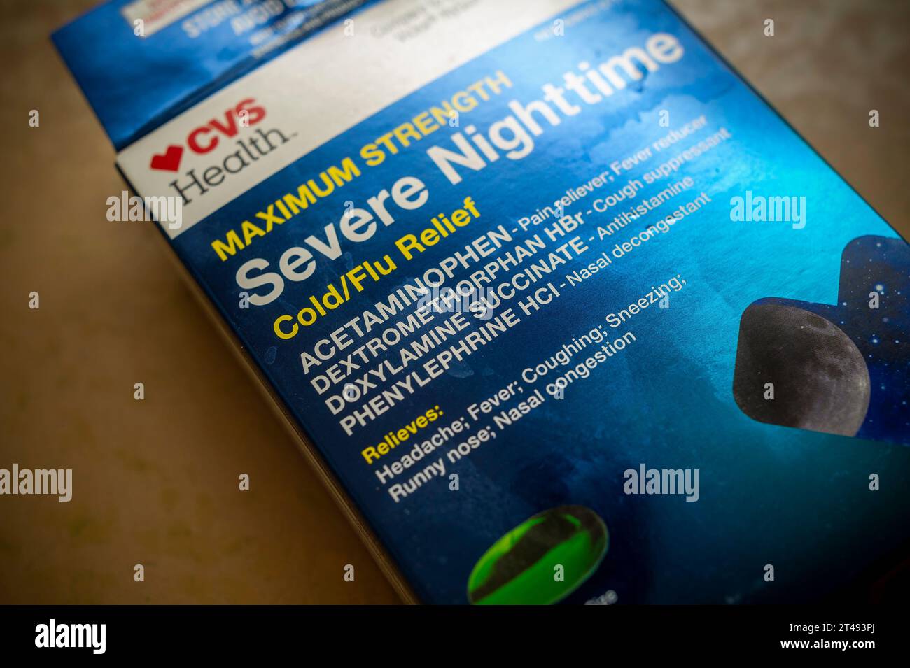 A package of CVS Health brand Severe Nighttime Cold/Flu Relief pills containing phenylephrine amongst other medications in New York on Friday, October 20, 2023. CVS Health announced that it will be pulling over-the-counter medicines containing phenylephrine after the FDA deemed the medication ineffective.  © Richard B. Levine) Stock Photo