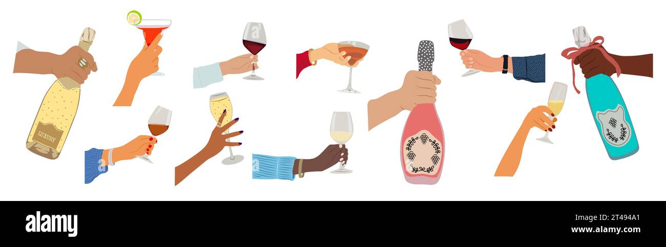 different hands holding glasses with drinks vector Stock Vector Image ...