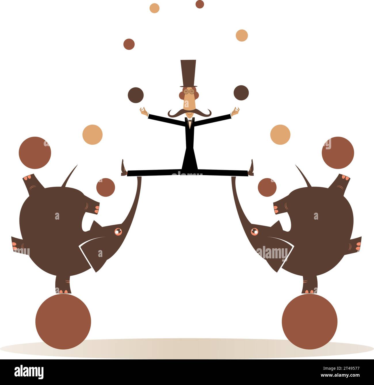 Circus. Elephant. Equilibrist man juggling balls. Funny long mustache