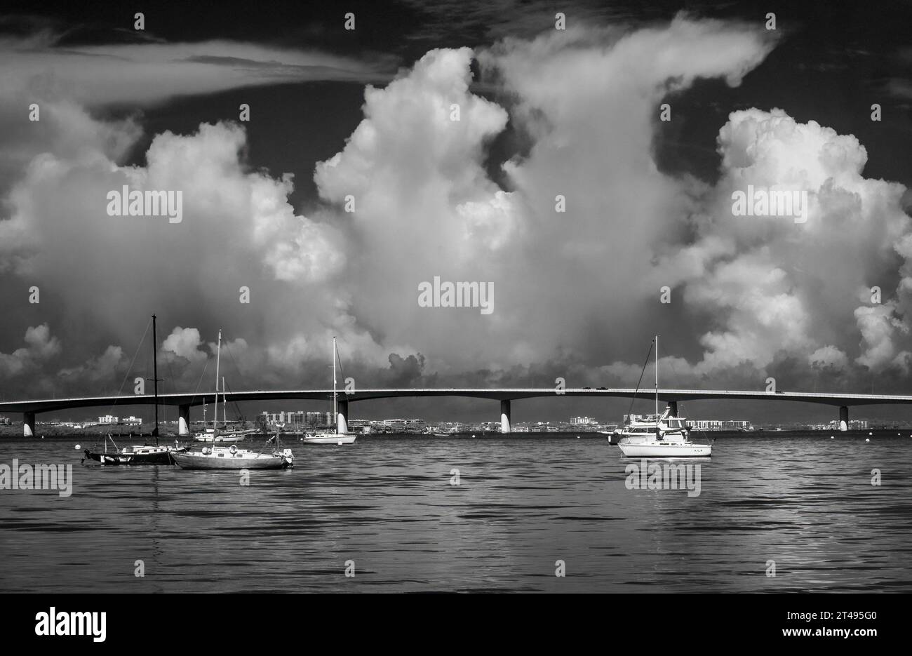 Infrared Red black and white image of boats in Sarasota Bay with the