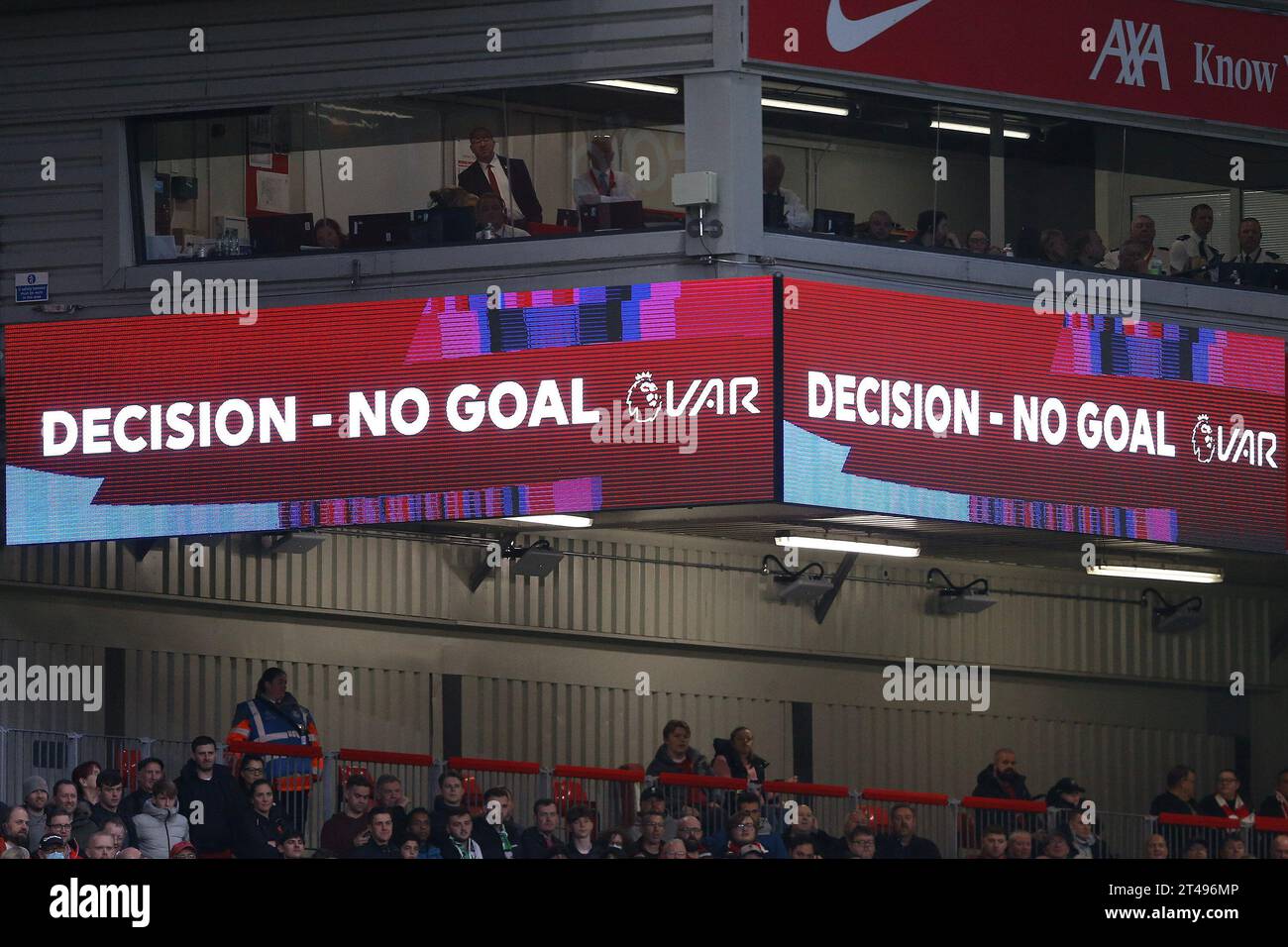 Liverpool, UK. 29th Oct, 2023. The scoreboard displays a var division, no goal. Premier League match, Liverpool v Nottingham Forest at Anfield in Liverpool on Sunday 29th October 2023. this image may only be used for Editorial purposes. Editorial use only, pic by Chris Stading/Andrew Orchard sports photography/Alamy Live news Credit: Andrew Orchard sports photography/Alamy Live News Stock Photo