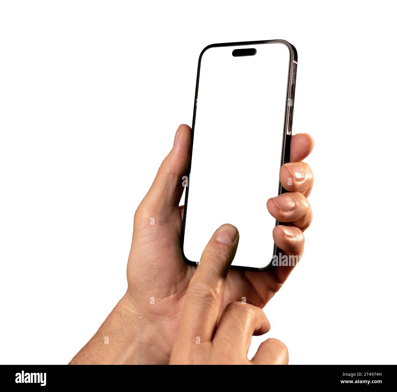 Berlin, Germany October 16 2023 Finger clicking, tapping on white mobile screen mock up, smartphone display mockup Stock Photo