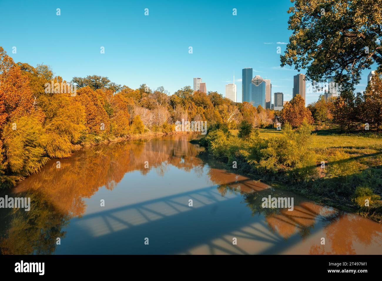 Buffalo Bayou Park with a view of downtown Houston skyscrapers. Texas, USA Stock Photo
