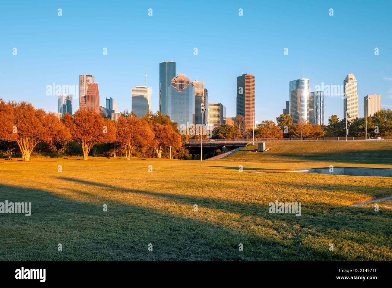 Houston downtown skyscrapers during sunset. Buffalo Bayou Park. Texas, USA Stock Photo