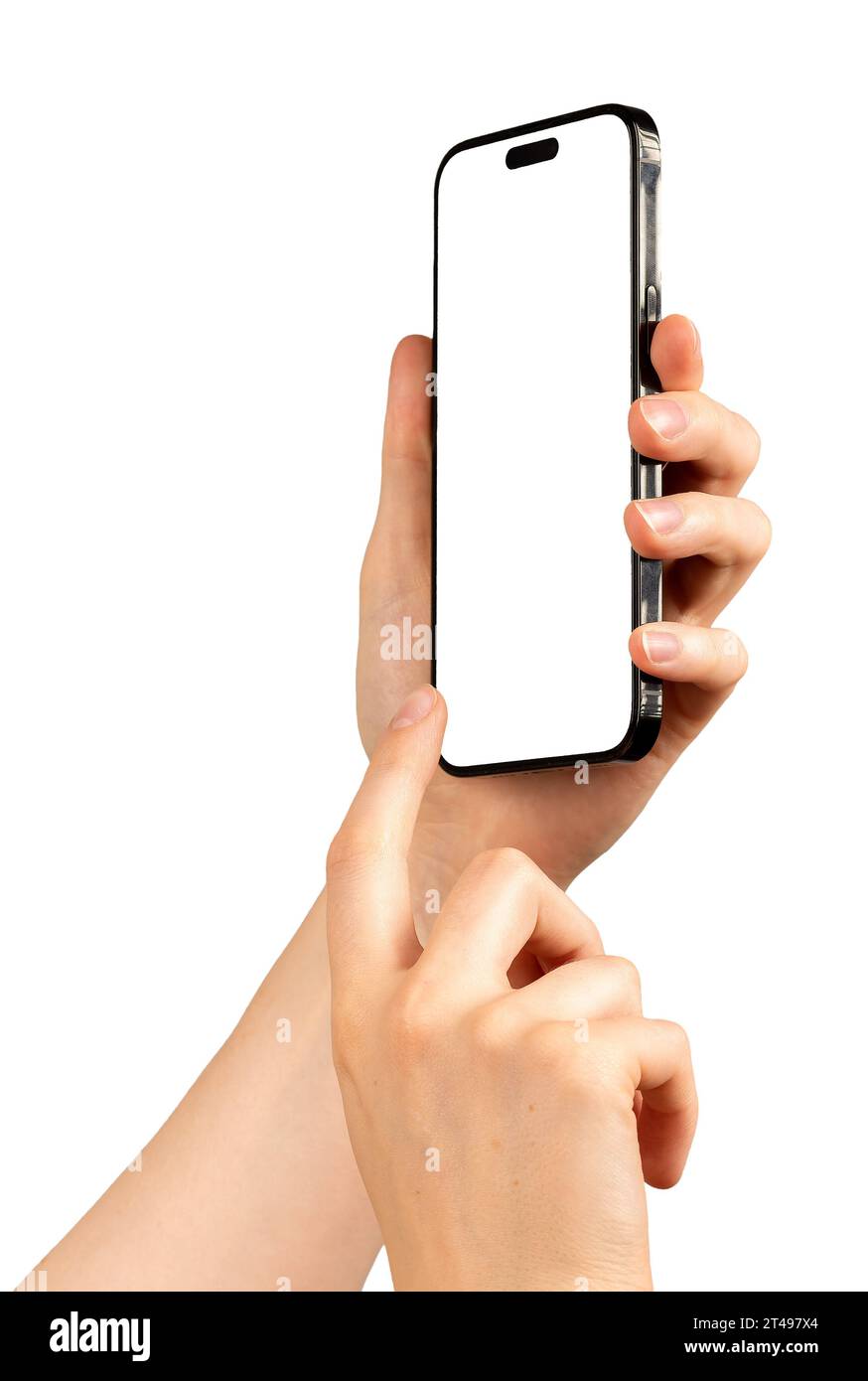 Hand holding mobile phone screen mockup, iphone 14 pro mock-up, tapping on smartphone display, isolated on white Stock Photo