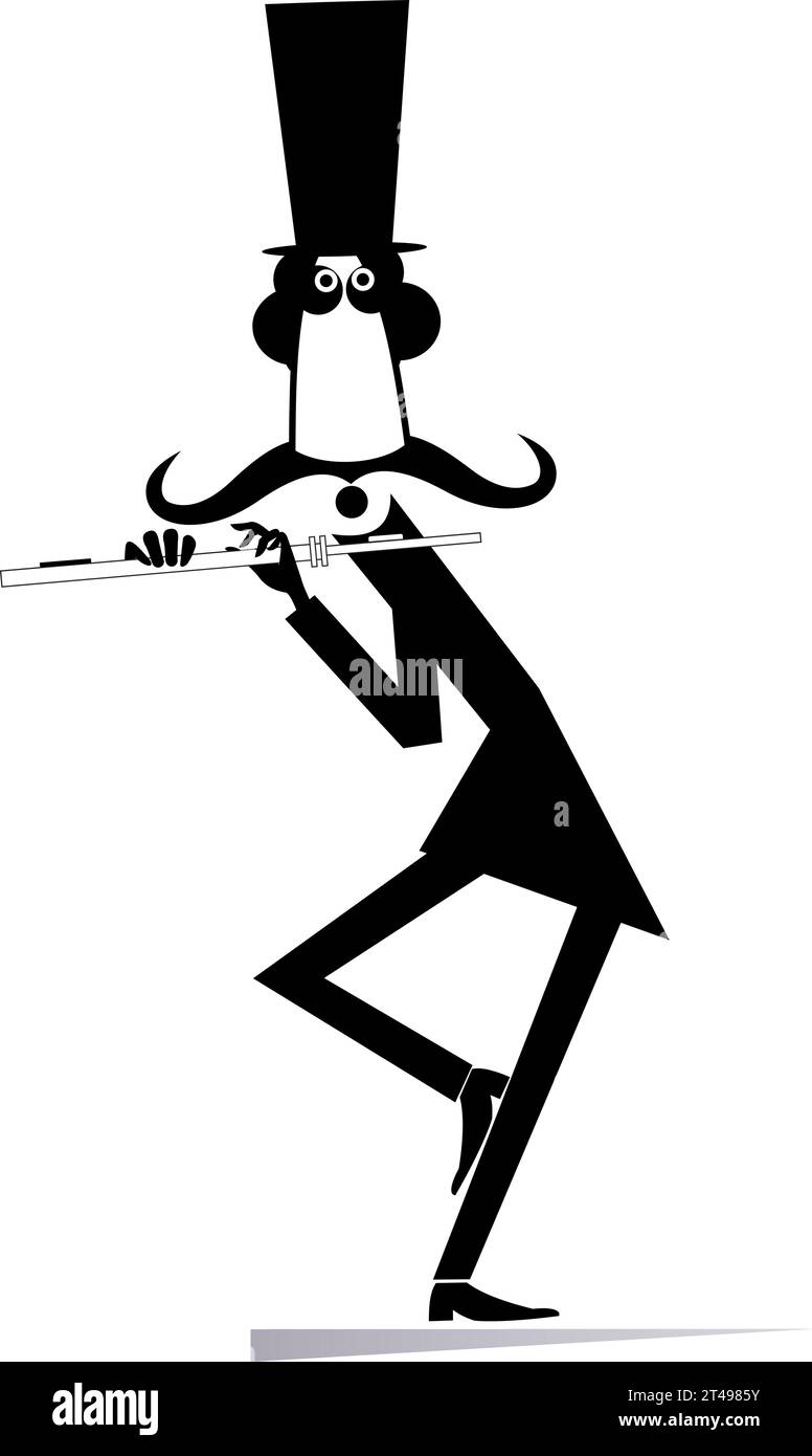 Cartoon musician playing flute. Funny long mustache man in the top hat