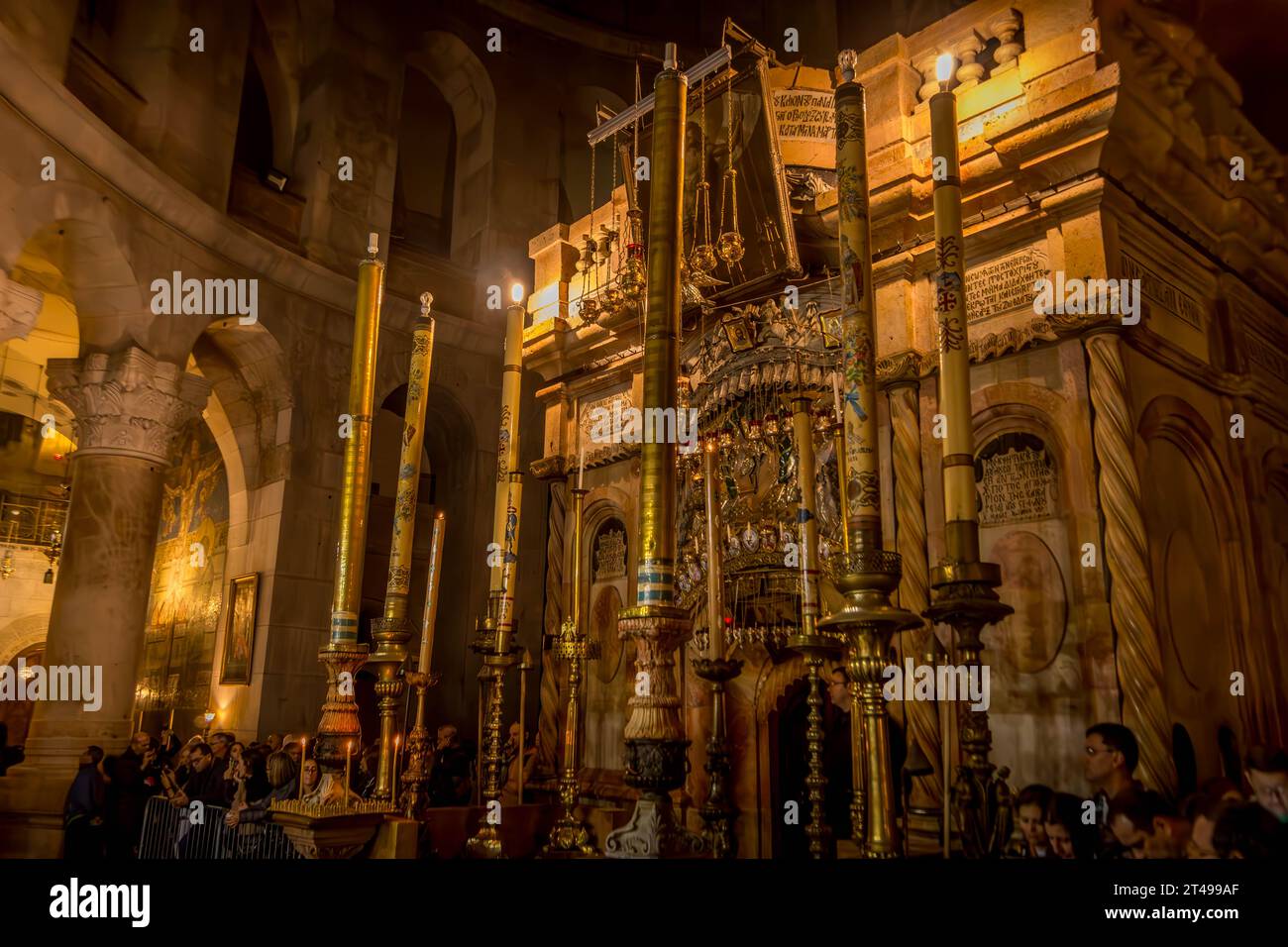 The Aedicule (alleged Jesus Christ's tomb), a Christian shrine, in the Church of the Holy Sepulchre in Old City of Jerusalem, Israel. Stock Photo