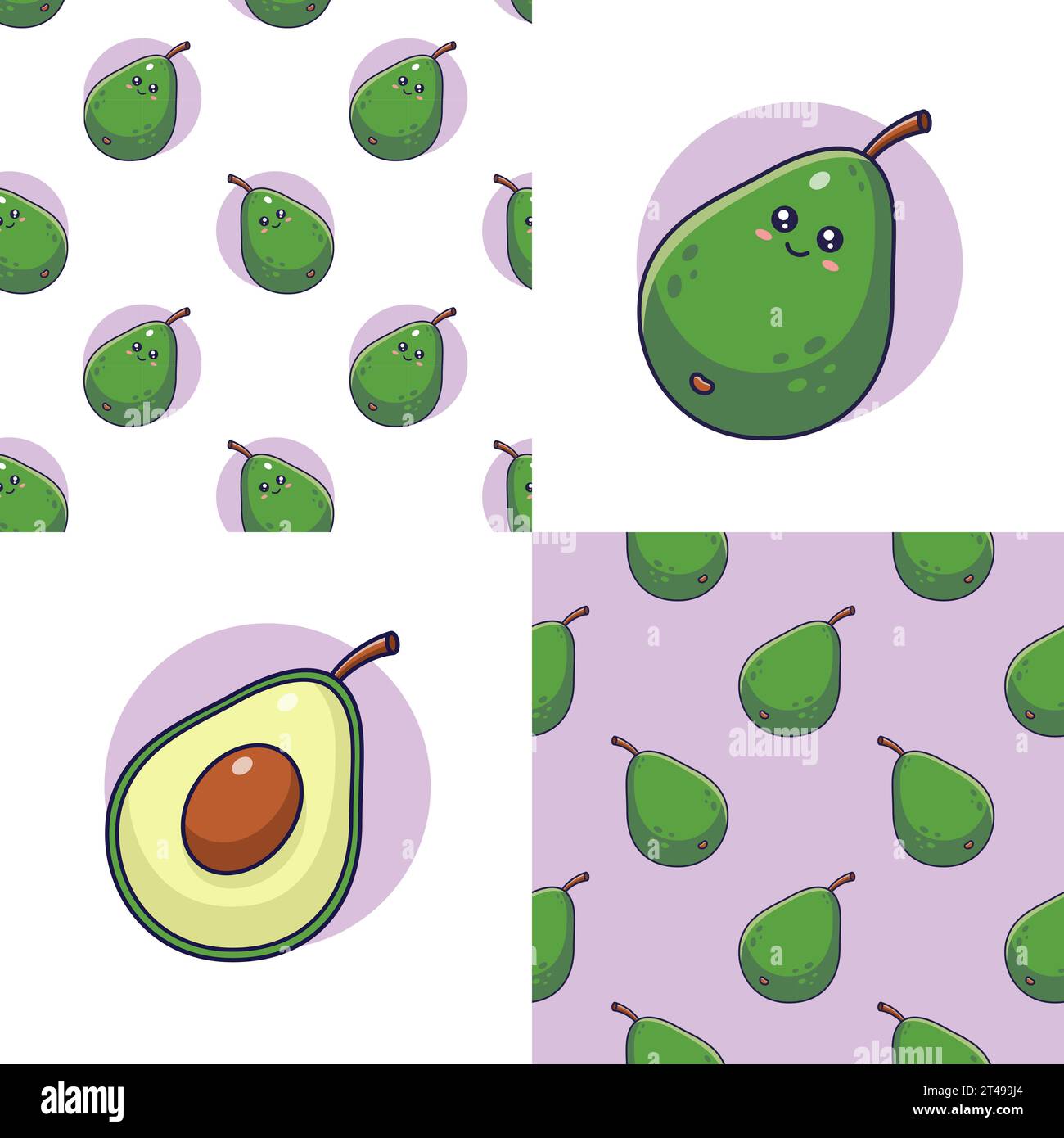 Set of Cute Kawaii Avocado patterns. Food fruit flat icon. Cartoon ...