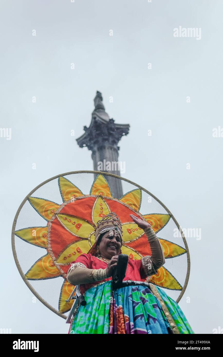 London, UK. 29th October 2023.  Diwali is celebrated in Central London on Trafalgar Square, featuring tradition Garba dances, fashion, music, Indian Street Food, and appearances from a variety of performers and demonstrations. The Mayor of London, Sadiq Khan made an appearance on stage as he joined the London and Glocal community in celebrating this Hindu Holiday.  © Simon King/ Alamy Live News Stock Photo