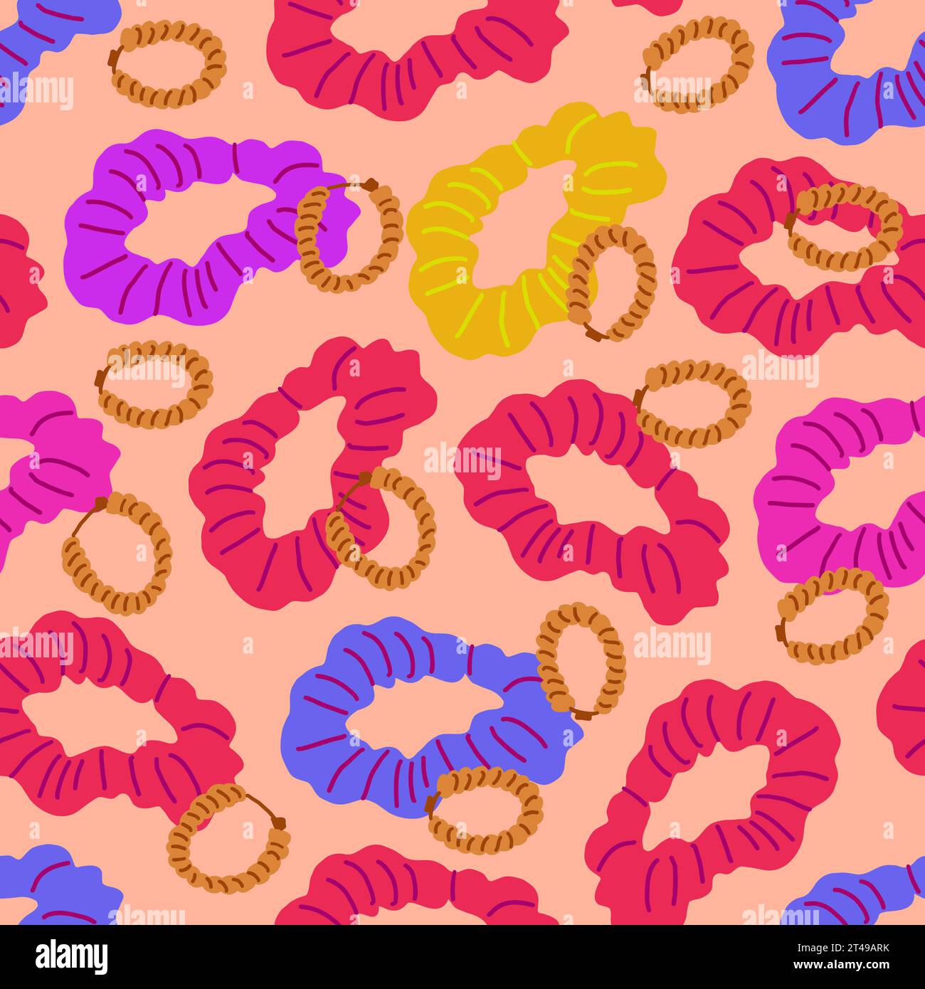 Vector seamless pattern with silk scrunchy and golden earrings on pink ...
