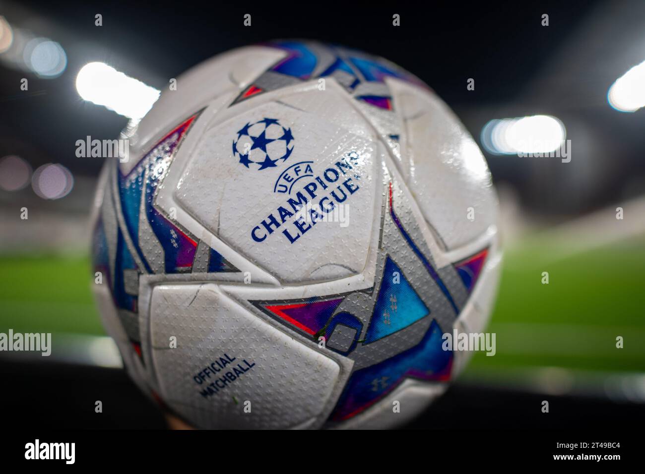LENS, FRANCE - OCTOBER 24: Official match ball with UEFA Champions League logo during the UEFA Champions League match between RC Lens and PSV Eindhove Stock Photo