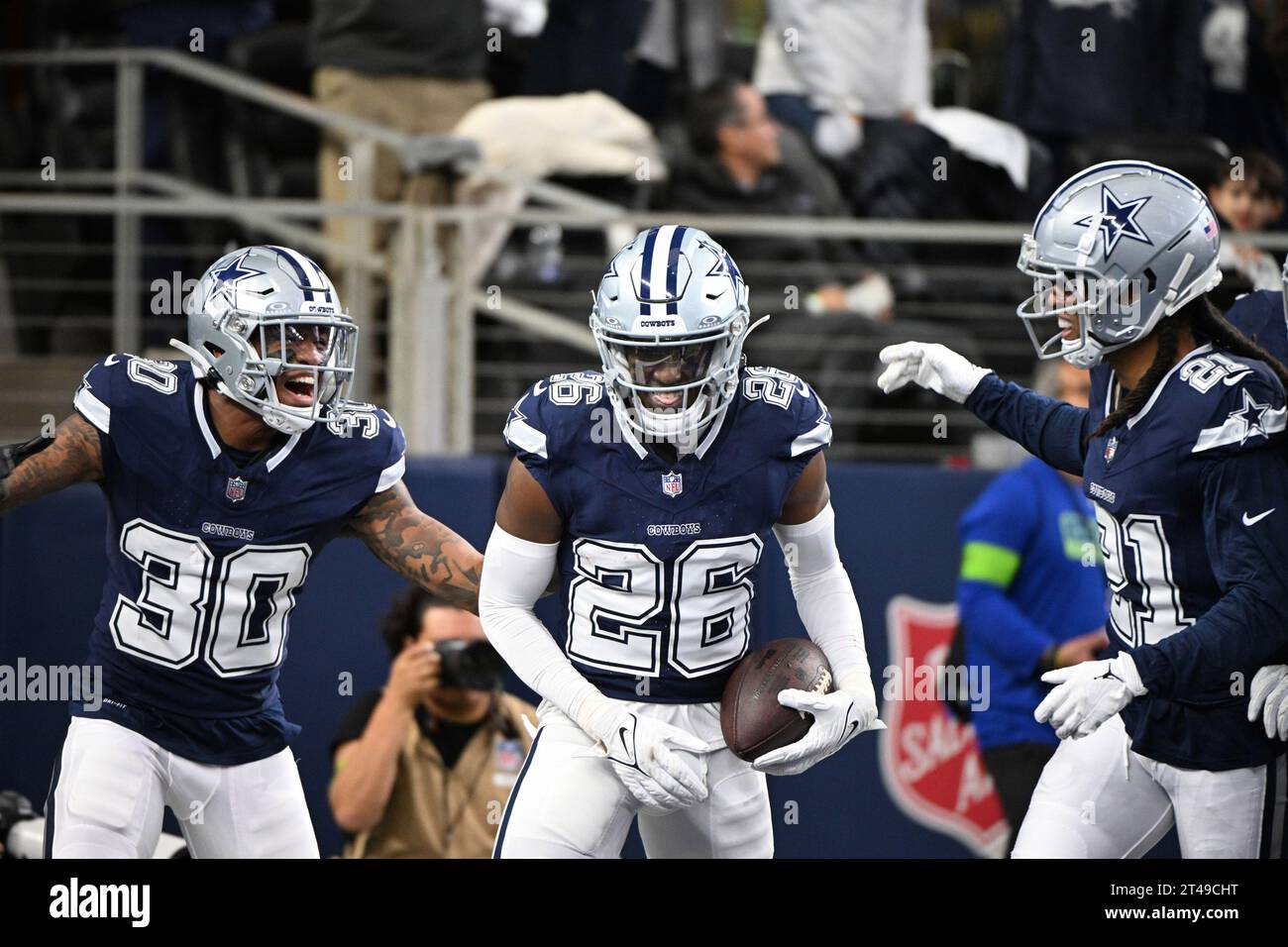 Arlington, United States. 29th Oct, 2023. Dallas Cowboys DeRond Bland, center, celebrates his intercetion return for a touchdoan against the Los Angeles Rams during their NFL game at AT&T Stadium in Arlington, Texas on Sunday, October 29, 2023. Photo by Ian Halperin/UPI Credit: UPI/Alamy Live News Stock Photo