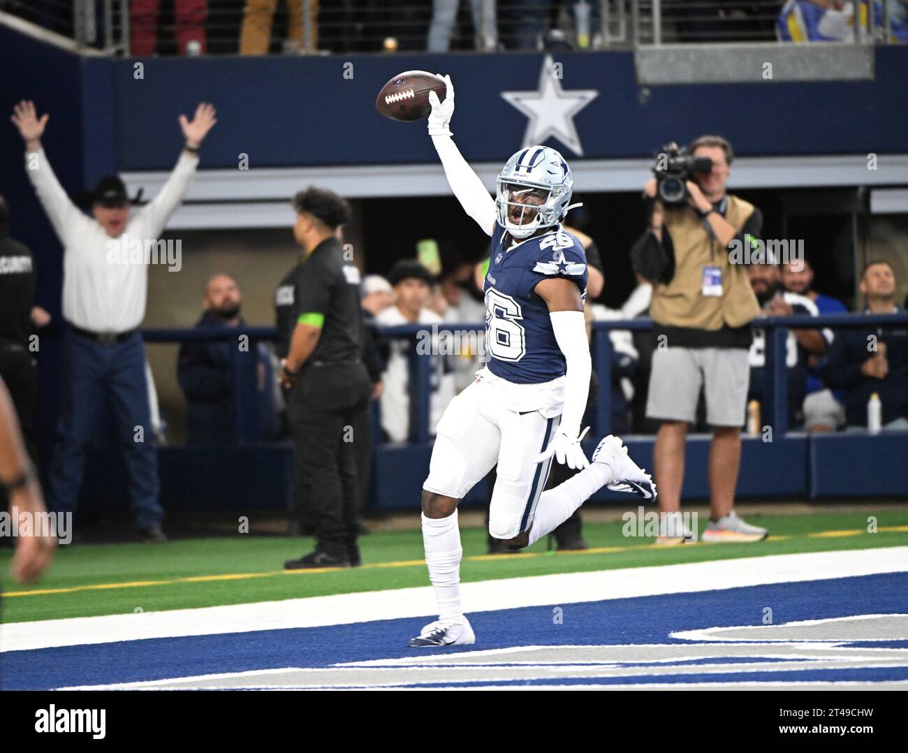 Arlington, United States. 29th Oct, 2023. Dallas Cowboys DeRond Bland, center, celebrates his intercetion return for a touchdown against the Los Angeles Rams during their NFL game at AT&T Stadium in Arlington, Texas on Sunday, October 29, 2023. Photo by Ian Halperin/UPI Credit: UPI/Alamy Live News Stock Photo