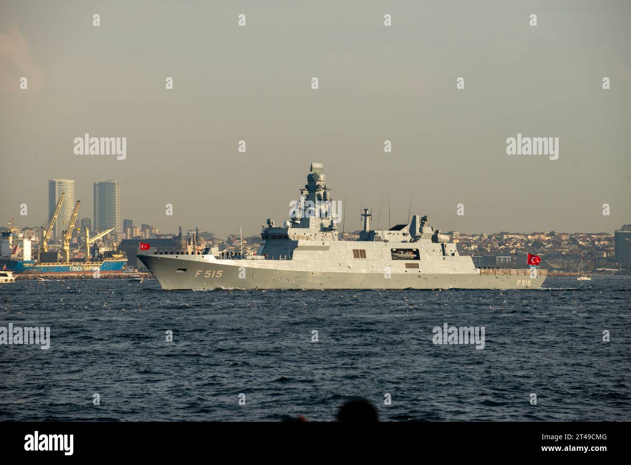 TCG Istanbul frigate, the first ship of the Istif class, passing the Bosphorus the same day it was delivered to Turkish Navy. Stock Photo