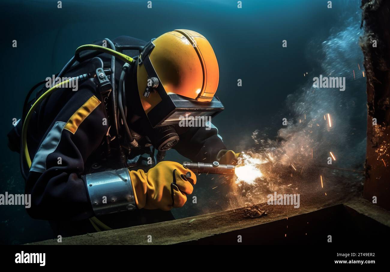 Underwater welding work wearing diving equipment Stock Photo Alamy