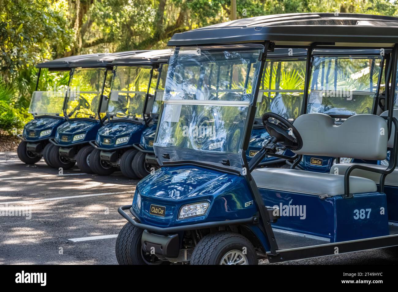 Club Car golf carts at the Omni Amelia Island Resort on Amelia Island in Northeast Florida. (USA) Stock Photo