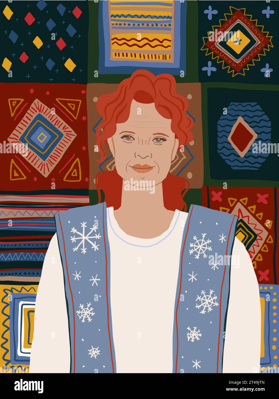 Vector poster with beautiful old woman on patchwork background. Red