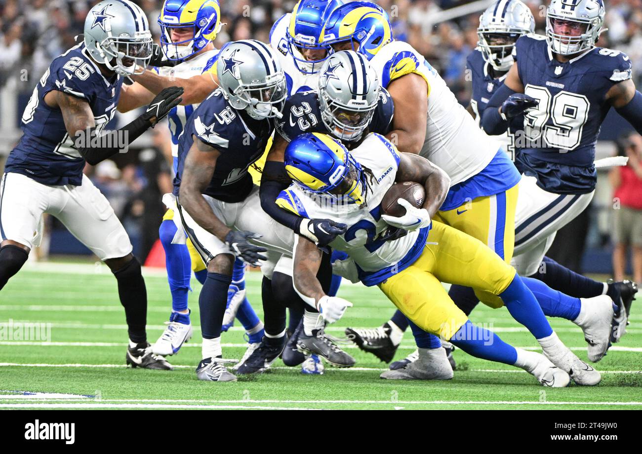 Arlington, United States. 29th Oct, 2023. Los Angeles Rams Royce Freeman is stopped by the Dallas Cowboys defense during their NFL game at AT&T Stadium in Arlington, Texas on Sunday, October 29, 2023. The Cowboys defeated the Rams 43-20. Photo by Ian Halperin/UPI Credit: UPI/Alamy Live News Stock Photo