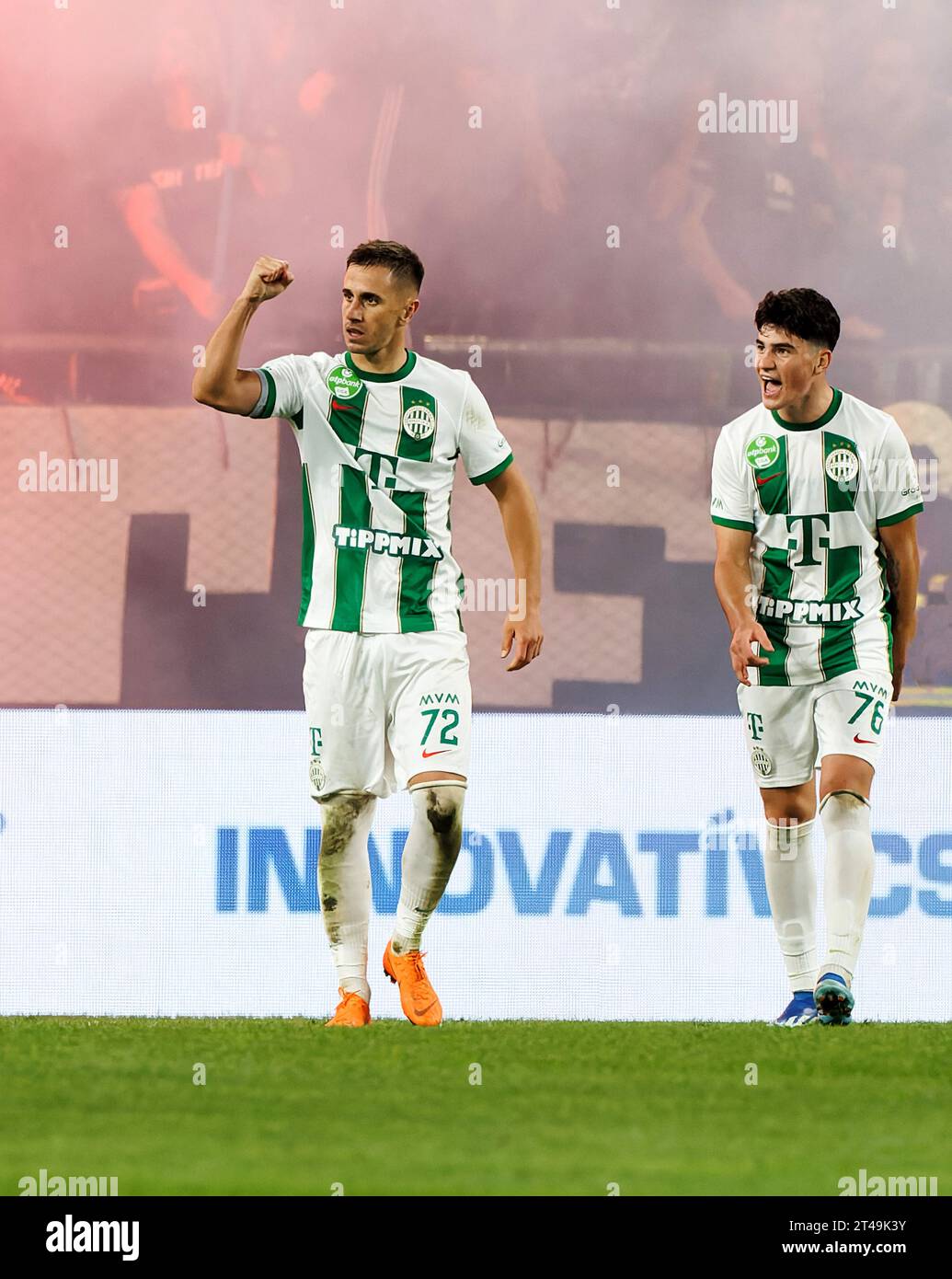 BUDAPEST, HUNGARY - APRIL 2: Krisztian Lisztes of Ferencvarosi TC (l)  celebrates after scoring a goal with Kristoffer Zachariassen of Ferencvarosi  TC (l2) during the Hungarian OTP Bank Liga match between Ferencvarosi