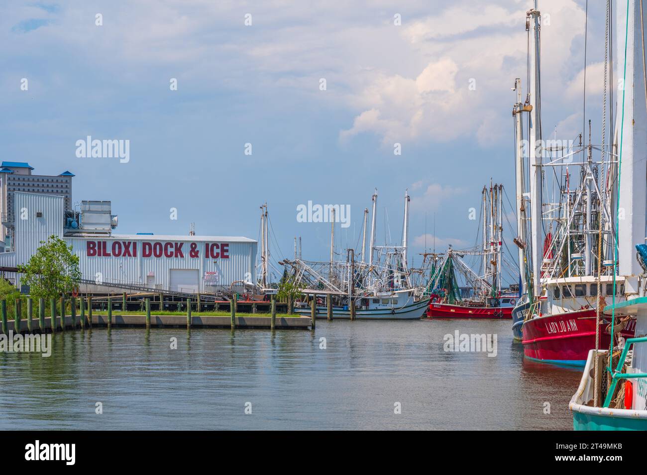 Shrimp boats at Biloxi Dock and Ice, Mississippi Gulf Coast, USA. Stock Photo