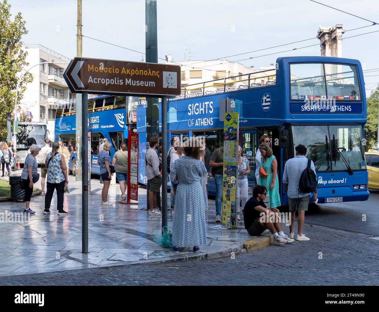 Tourists entering a bus in Athens, Greece Stock Photo