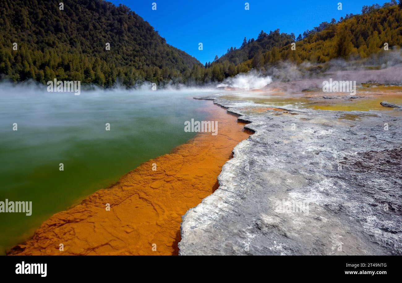 The Champagne Pool at Waiotapu geothermal area on the north island of New Zealand. Stock Photo