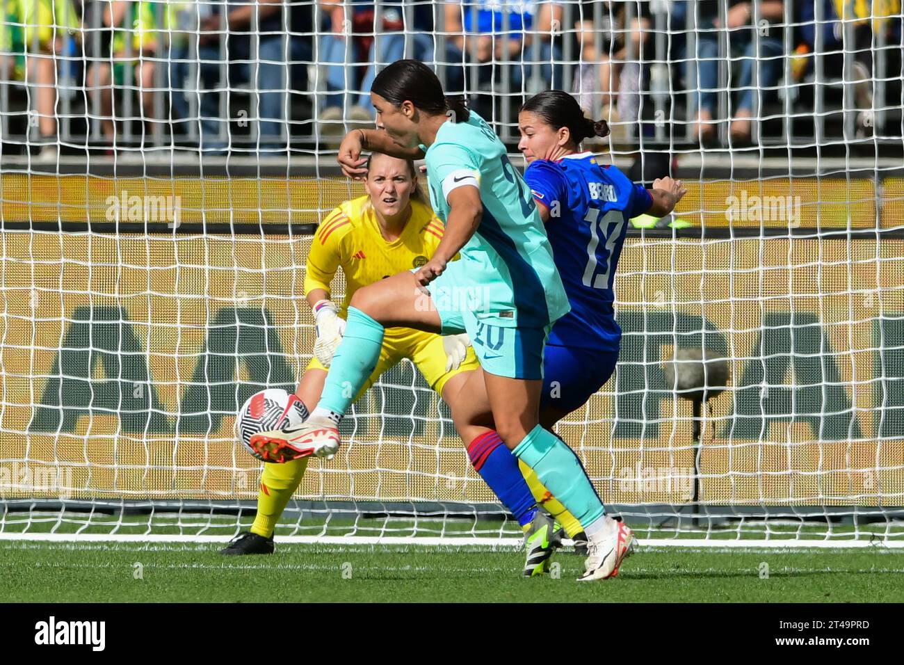 Burswood, Australia. 29th Oct, 2023. Olivia Alexandra Davies McDaniel (L), Angela Rachael Beard (R) of the Philippines women's football team and Samantha May Kerr (M) of Australia women's football team are seen in action during the 2024 AFC Women's soccer Olympic Qualifying Round 2 Group A match between Philippines and Australia held at Optus Stadium. Final score: Philippines 0:8 Australia. Credit: SOPA Images Limited/Alamy Live News Stock Photo