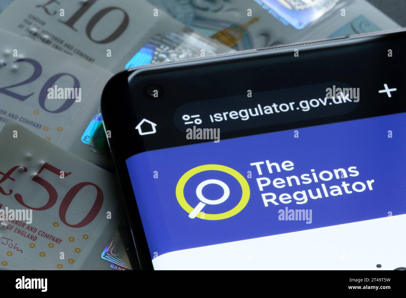 The Pensions Regulator logo seen on their website on the smartphone. TPR is a Public body which regulates pension schemes in the UK. Stafford, United Stock Photo