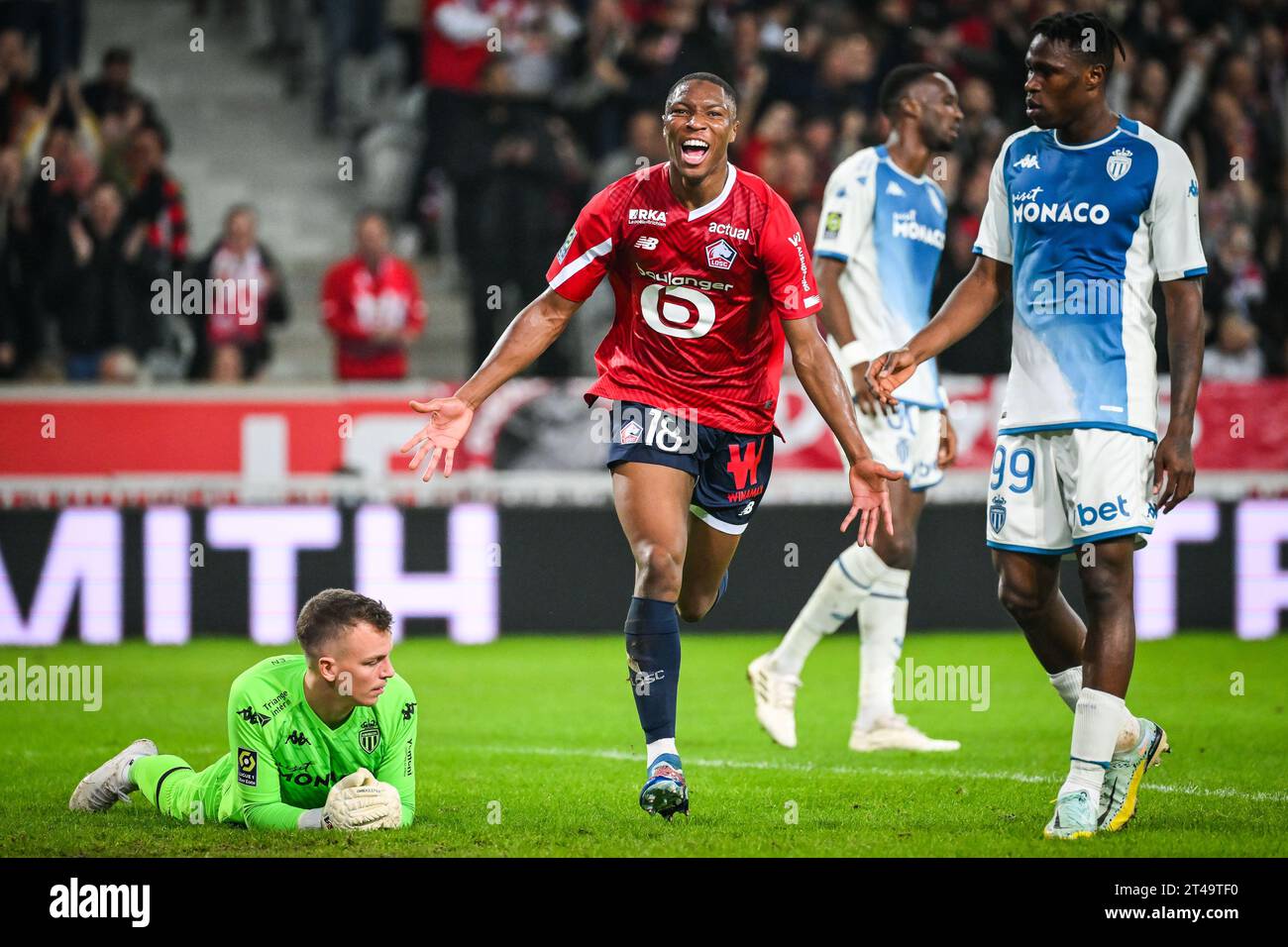 Bafode DIAKITE of Lille celebrates his goal, Philipp KOHN of Monaco and Wilfried SINGO of Monaco look dejected during the French championship Ligue 1 football match between Losc Lille and AS Monaco on October 29, 2023 at Pierre Mauroy stadium in Villeneuve-d'Ascq near Lille, France - Photo Matthieu Mirville/DPPI Credit: DPPI Media/Alamy Live News Stock Photo
