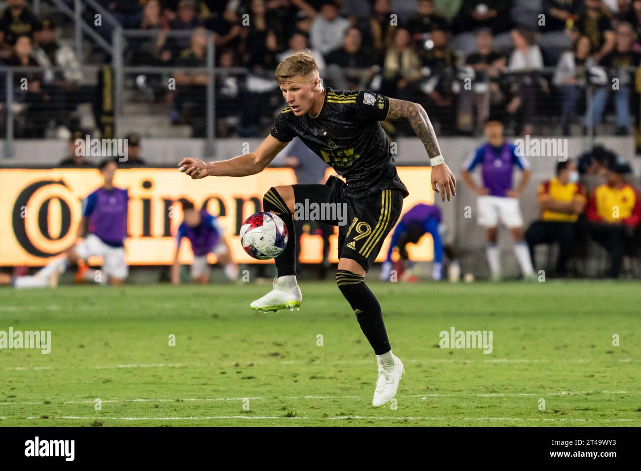 LAFC midfielder Mateusz Bogusz (19) during game 1 of the first round of MLS playoffs against the Vancouver Whitecaps, Saturday, October 28, 2023, at t Stock Photo