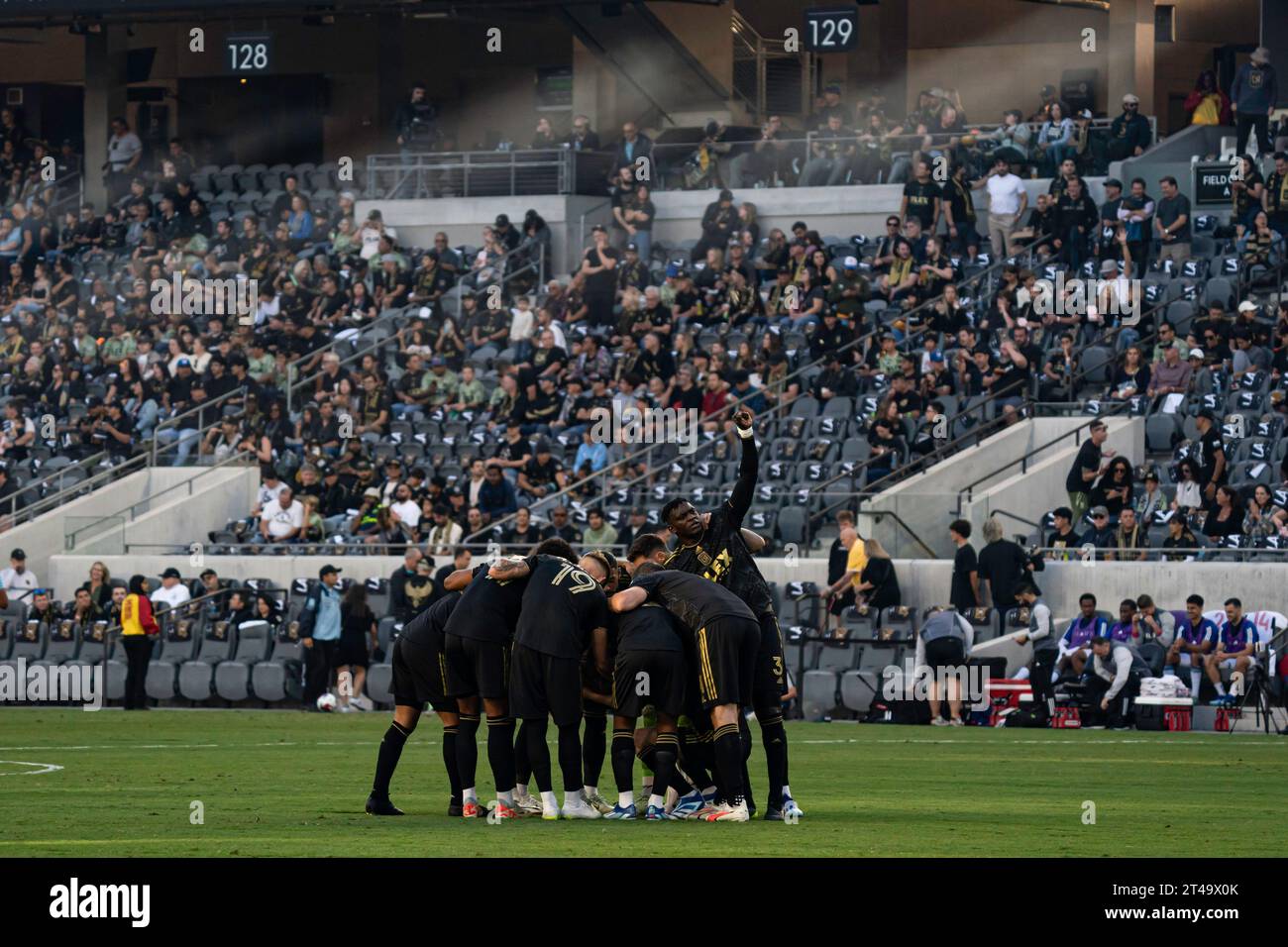 LAFC huddle before kick off during game 1 of the first round of MLS playoffs against the Vancouver Whitecaps, Saturday, October 28, 2023, at the BMO S Stock Photo