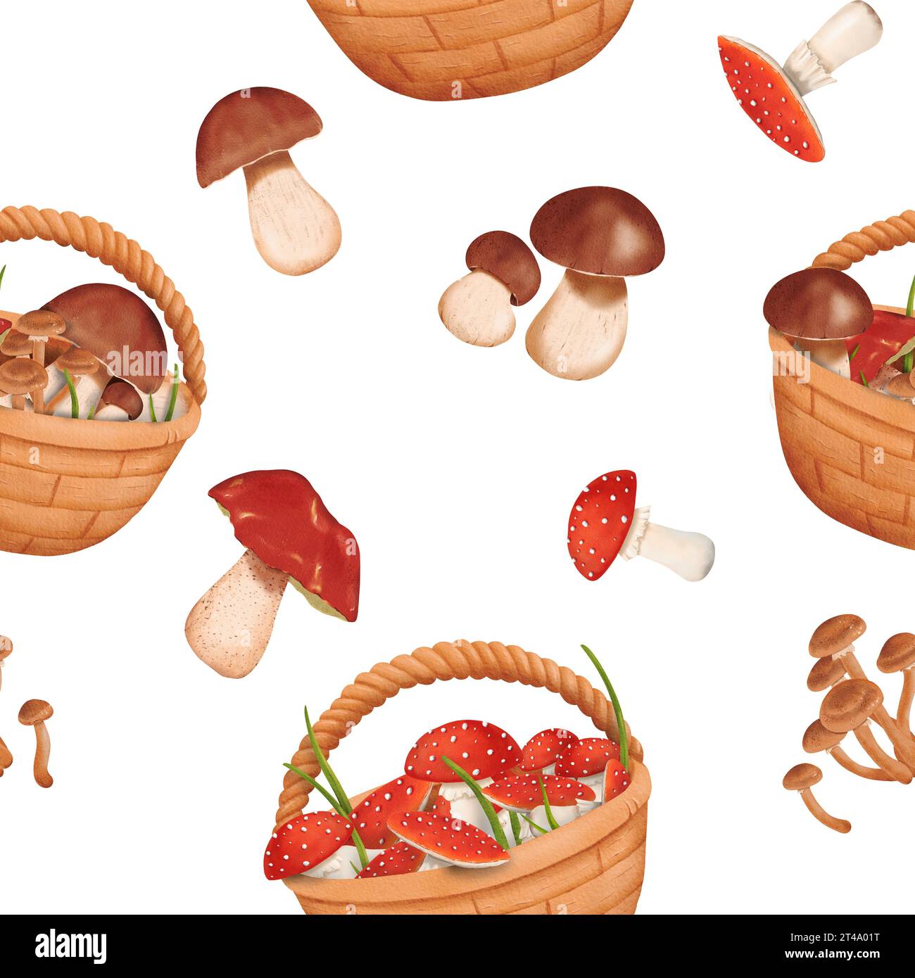 Woodland seamless pattern. harvest of various mushrooms. Baskets filled with forest treasures. Edible penny bun and delicious porcini mushrooms Stock Photo
