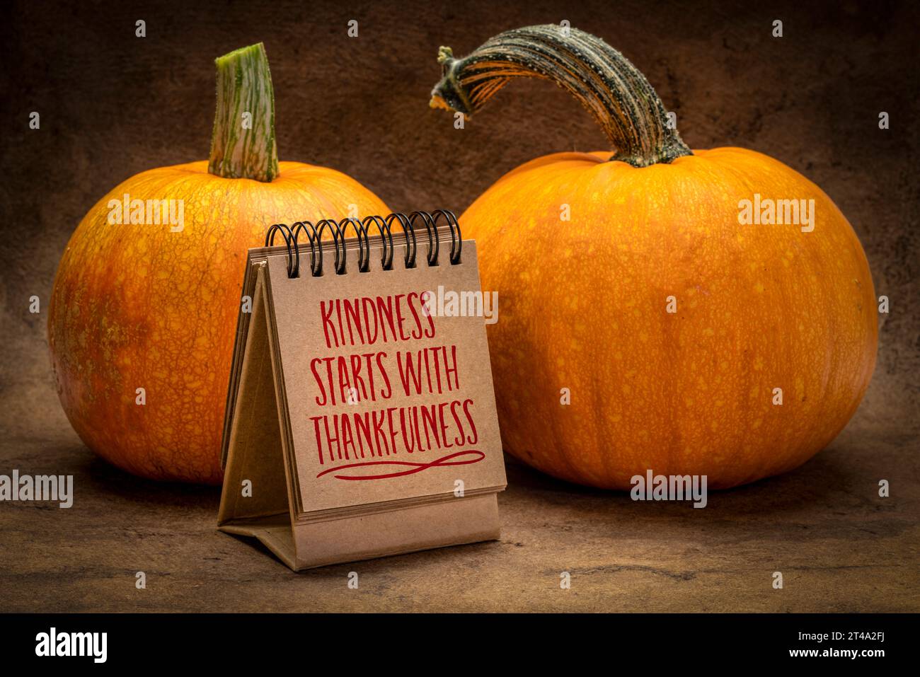 Kindness start with thankfulness  - handwriting in a desktop calendar with pumpkins, November and Thanksgiving season concept Stock Photo