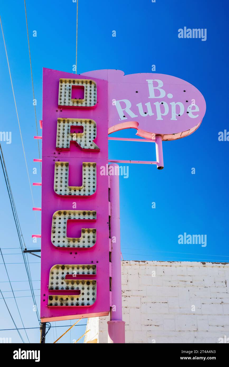 Slgn for the Iconic B. Ruppe Drugstore along Route 66 in Albuquerque, New Mexico, USA [No property release; editorial licensing only] Stock Photo