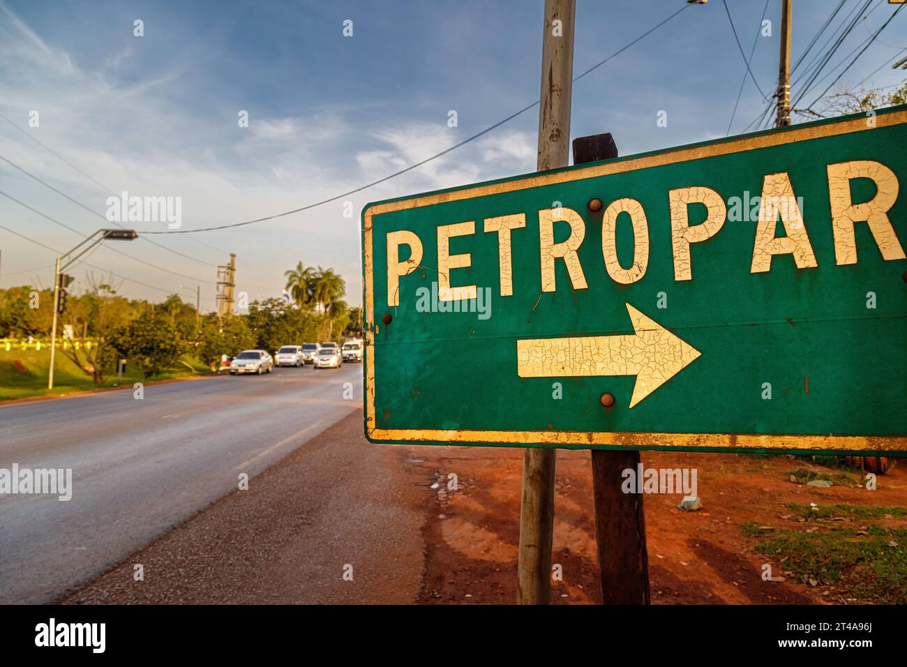 Hernandarias, Paraguay - July 27, 2022: Sign indicating the entrance to the Petropar service station on the superhighway Stock Photo