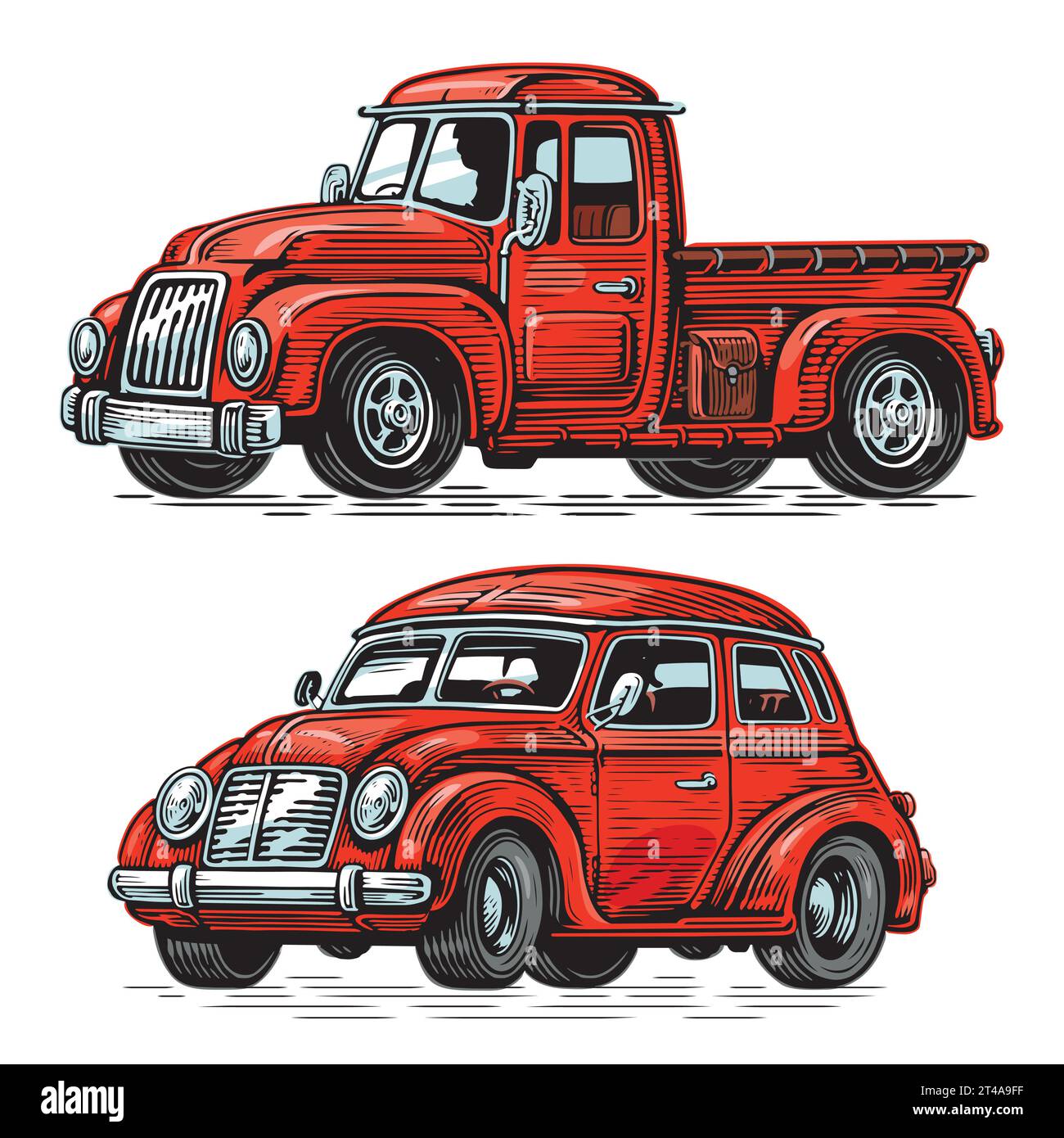 Farm truck and passenger car. Retro transport set. Vector illustration Stock Vector