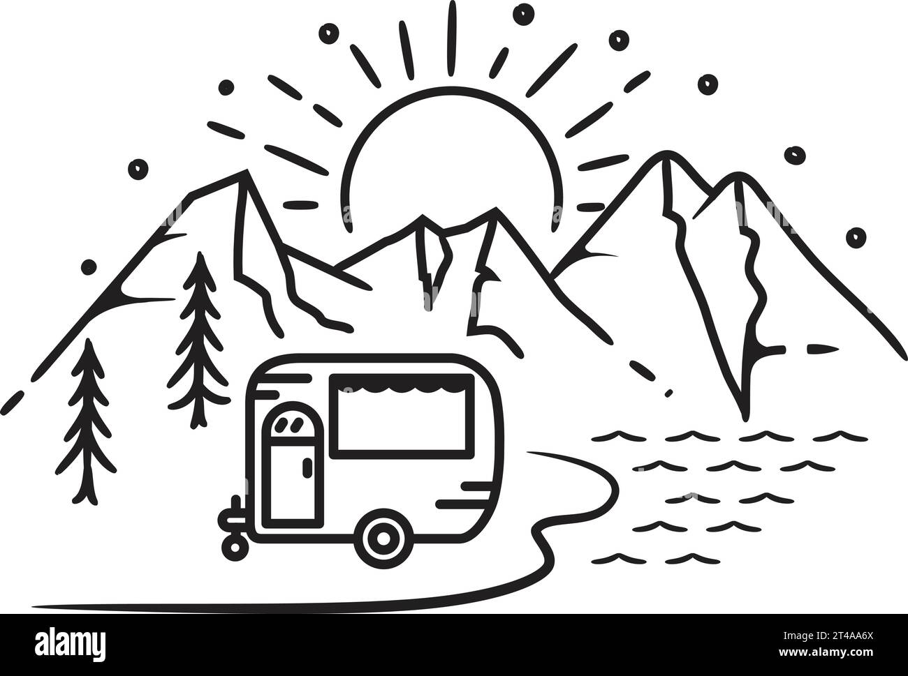 Summer camp trailer van rv lake holiday lineart Vector Image Stock