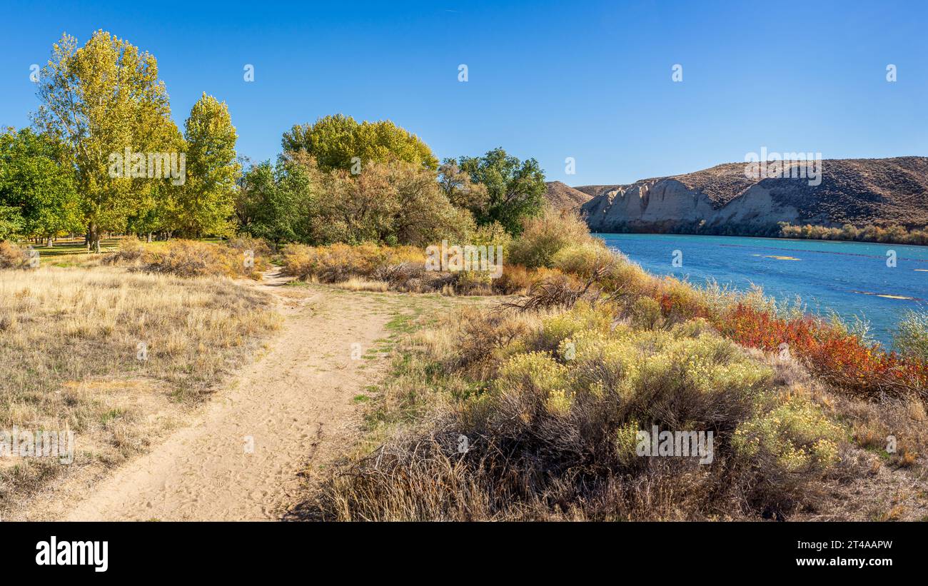 A view along a trail at Three Island Crossing State Park in Glenns Ferry Idaho Stock Photo