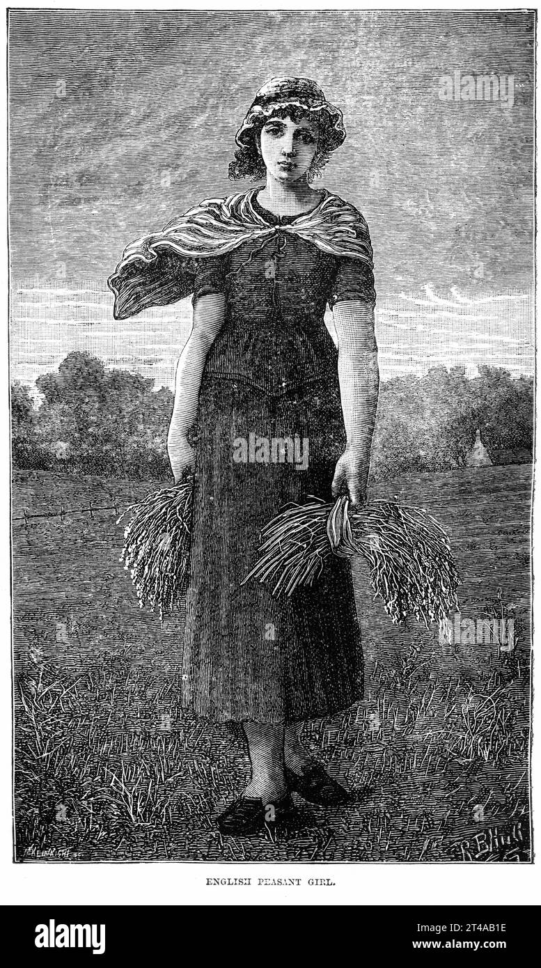 Engraving of an English peasant girl harvesting grain, circa 1880 Stock Photo