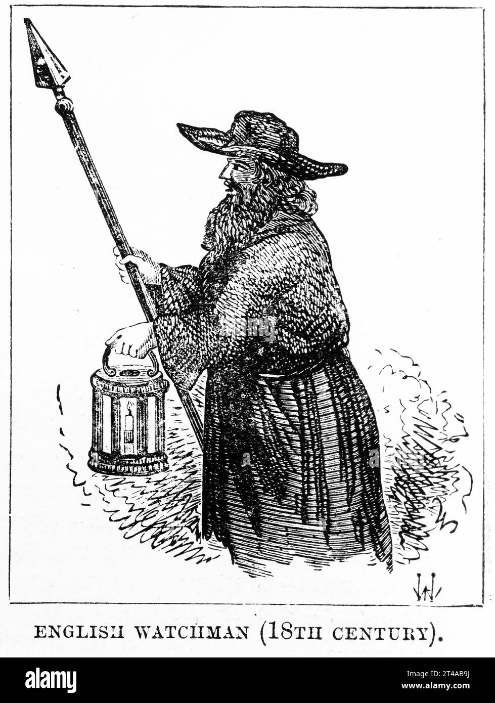 Engraving of an English watchman from the 18th century, circa 1880