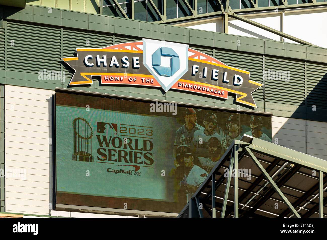 Chase Field is located in downtown Phoenix and home to the Arizona Diamondsbacks. The team is in the 2023 MLB World Series. Stock Photo