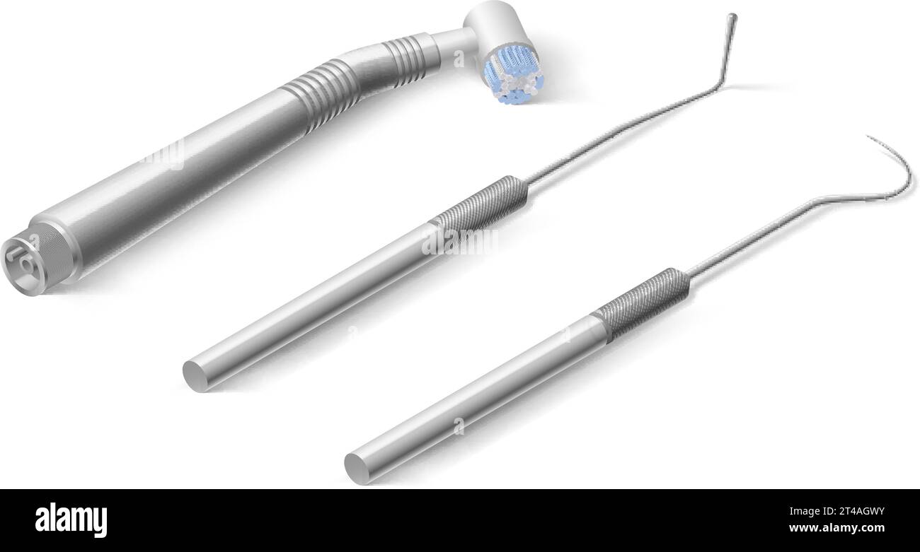 Basic Dentist Instruments and Tools Laid Out on White Backdrop. A Set