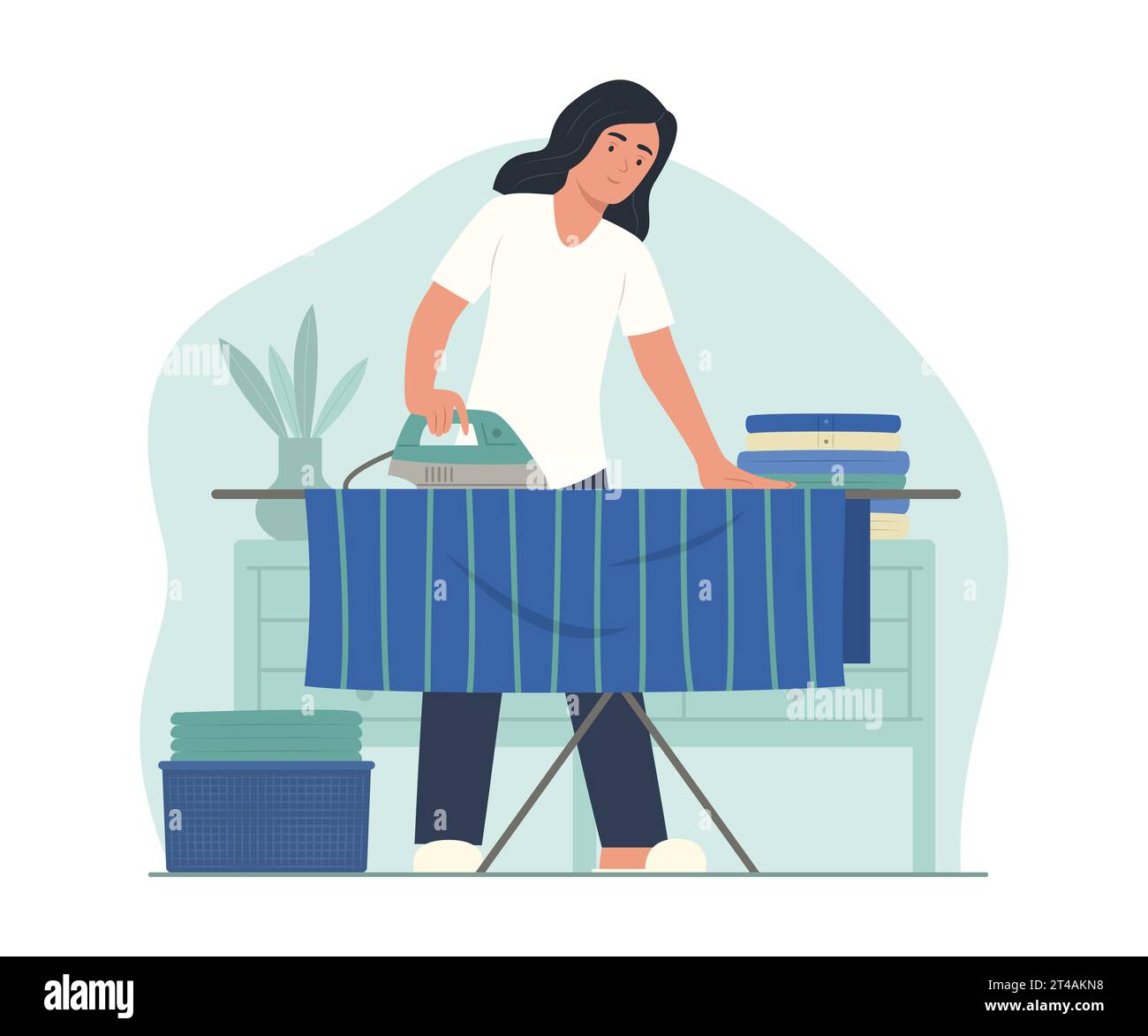 Woman Ironing Clothes with Electric Iron at Home for Housework Concept Illustration Stock Vector