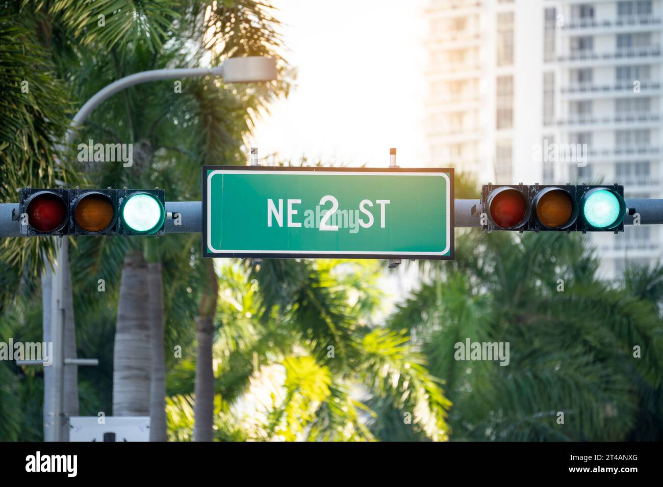 Overhead traffic lights high above street in Miami, Florida Stock Photo ...