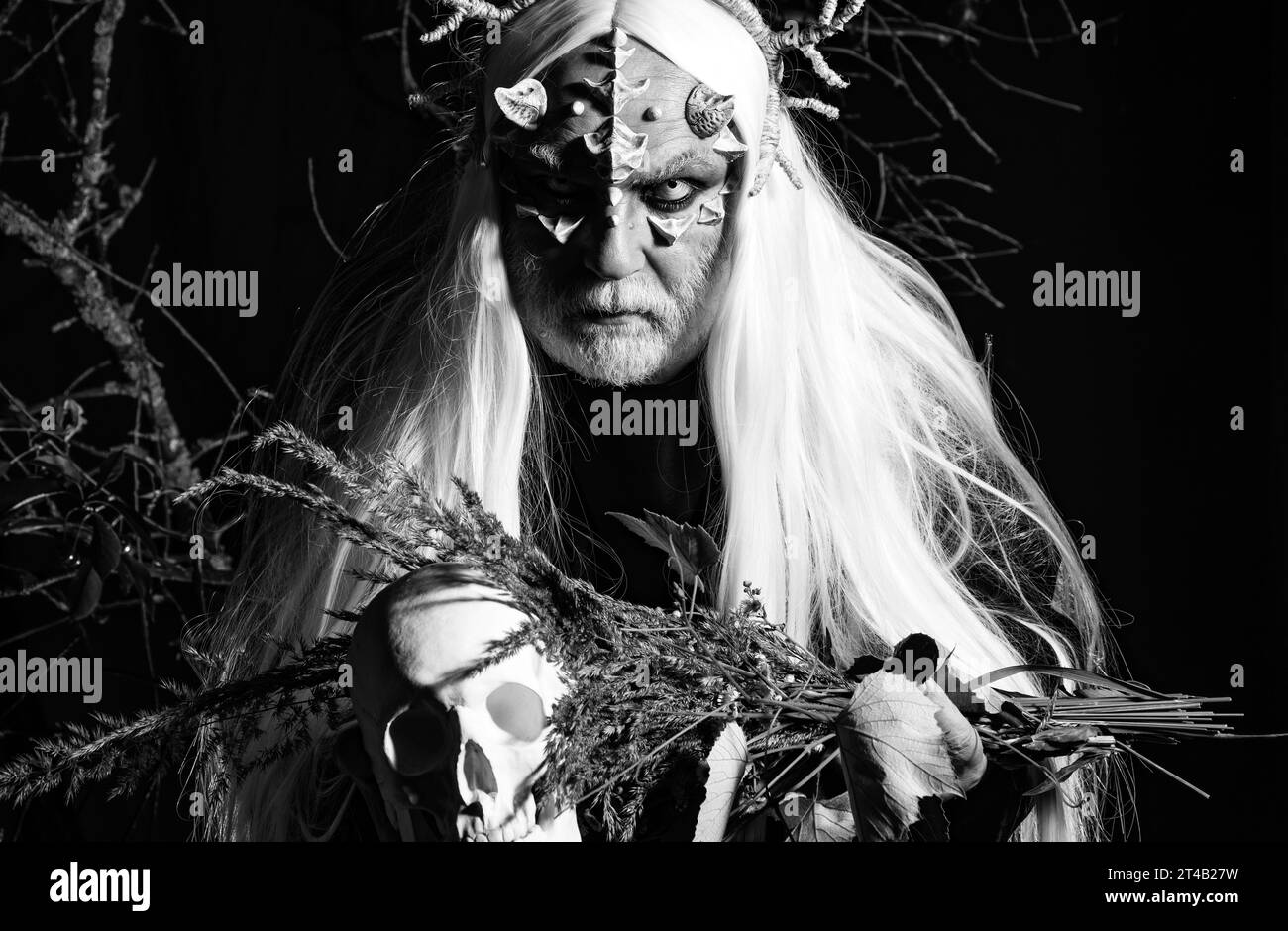 Satan on Hell. Bearded old man dressed like Halloween monster. Man evil