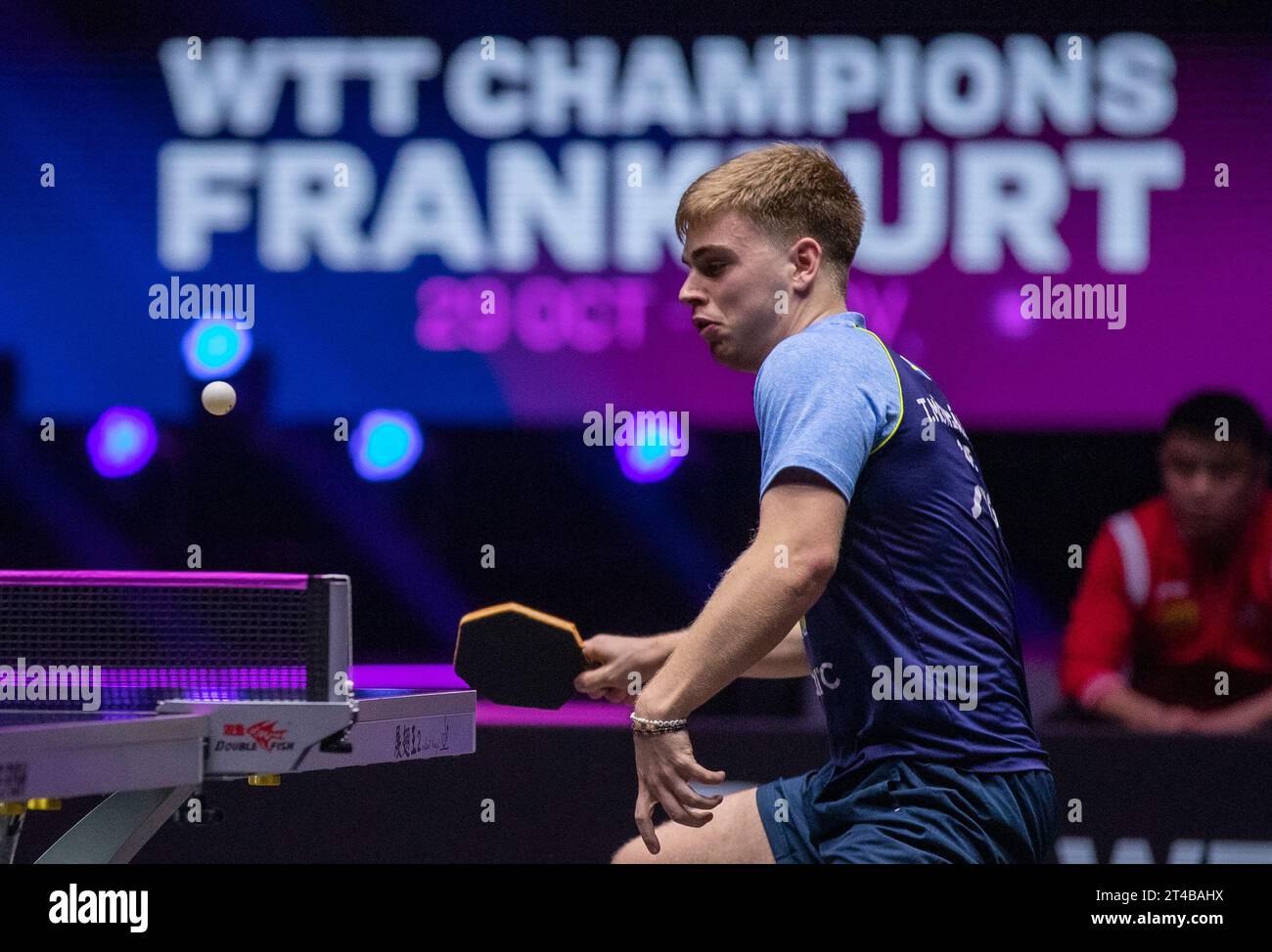Frankfurt, Germany. 29th Oct, 2023. Truls Moregard of Sweden hits a return during the men's