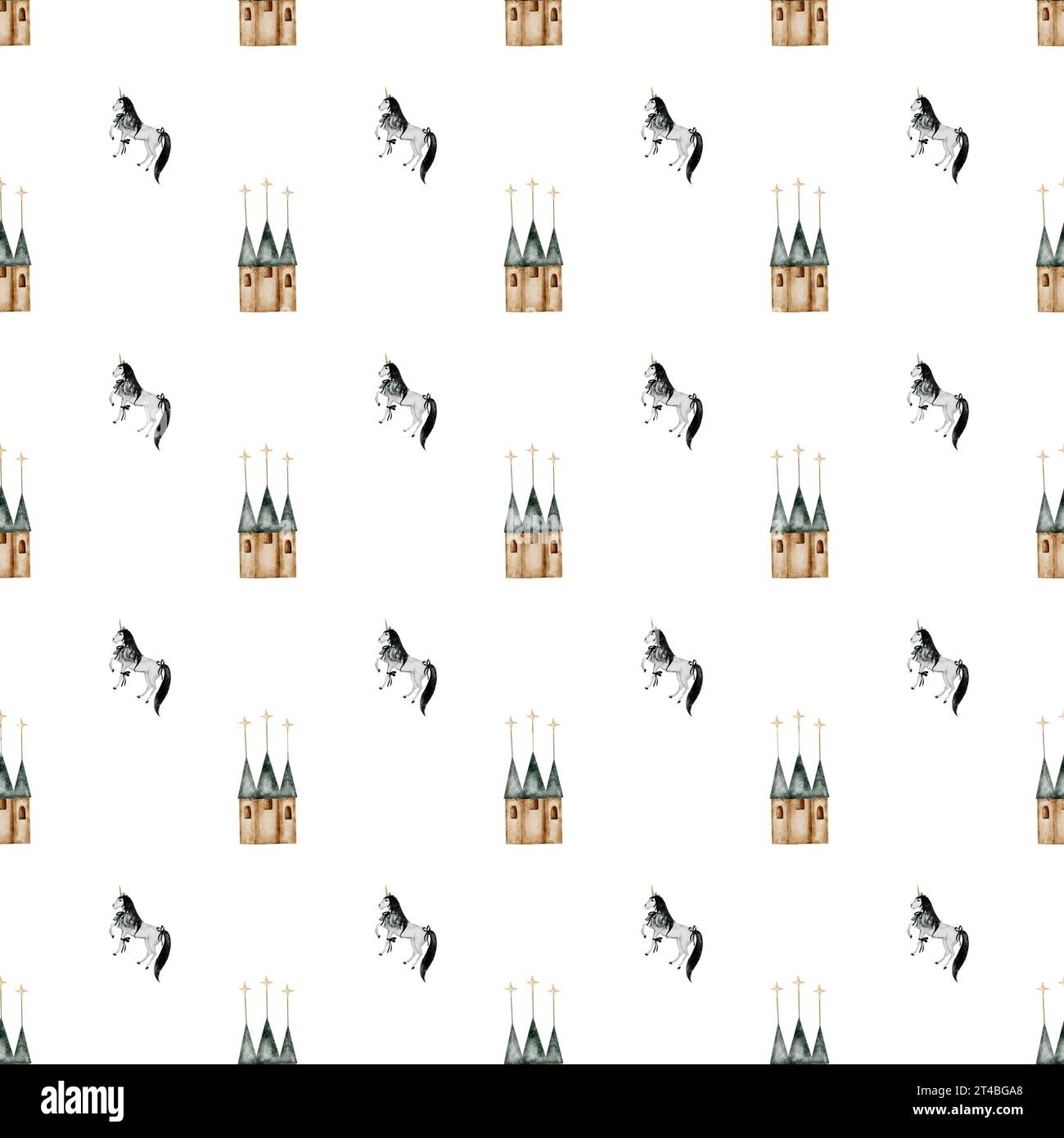 seamless hand-drawn pattern with vintage unicorn magic castle. Elegant pattern for printing on children's linens, pajamas, and packaging for children Stock Photo