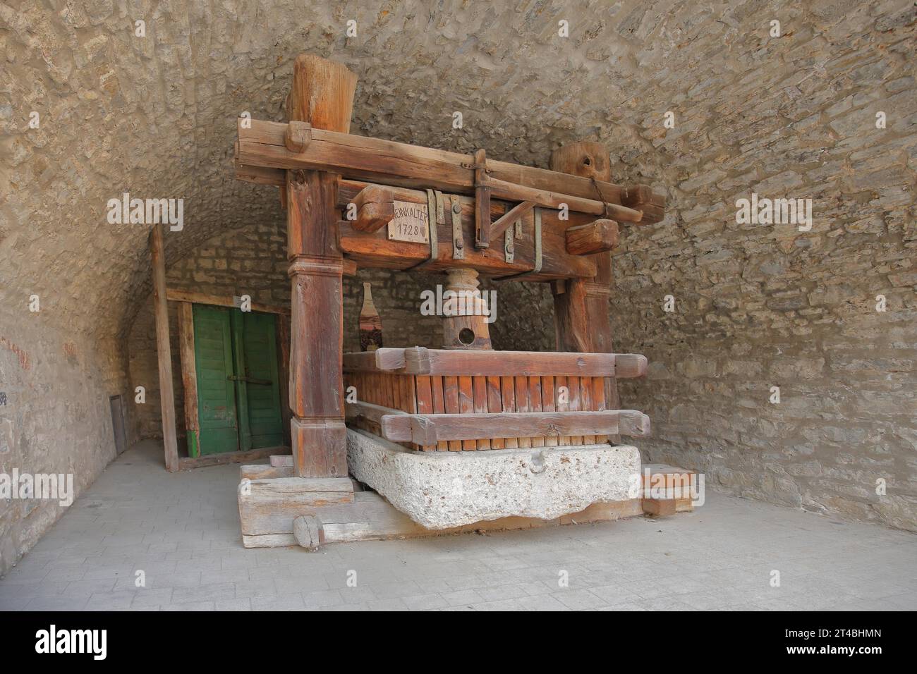 Historic wine press, wine culture, vaulted cellar, stone wall, interior