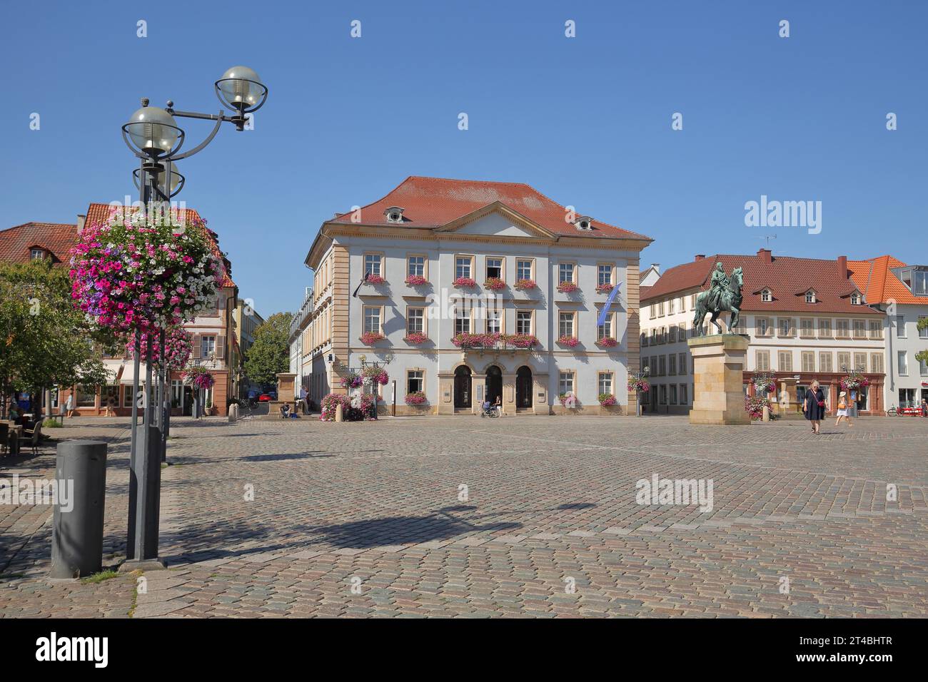 Town hall and monument to Prince Regent Luitpold of Bavaria, equestrian figure, bronze, floral decoration, street lamp, town hall square, Landau in Stock Photo